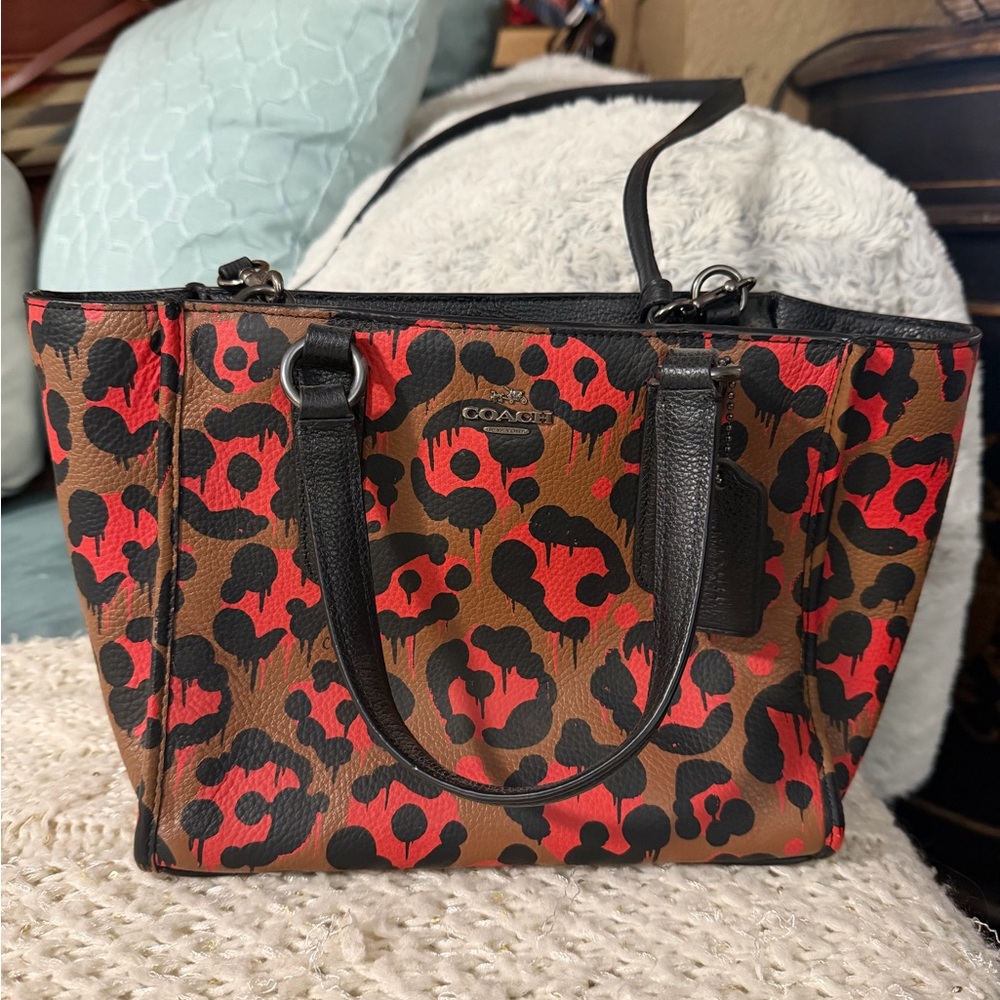 Coach Red and Brown Leopard Print Tote